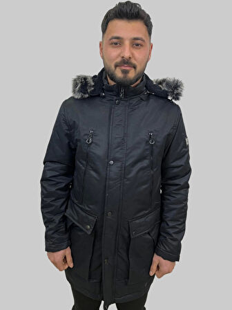 Erkek Kapüşon Çıklamlı İçi Kürklü Kanvas Uzun Siyah Parka Kaban