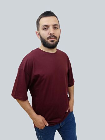 Erkek Plain Oversize Bisiklet Yaka Bordo Tişört
