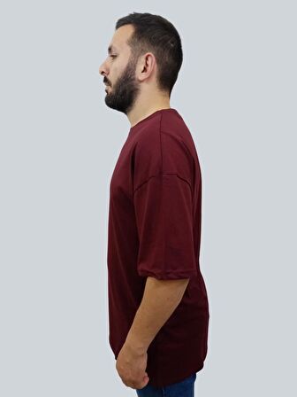 Erkek Plain Oversize Bisiklet Yaka Bordo Tişört