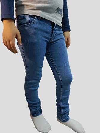 Erkek Çocuk Denim Füme Tırtıklı Ligralı Kot Pantolon