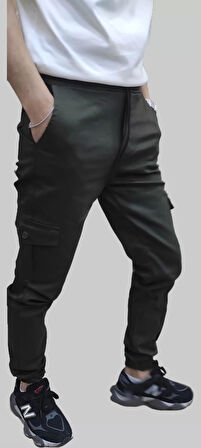 Erkek Jogger Beli ve Paçası Lastikli Keten Haki Kargo Pantolon