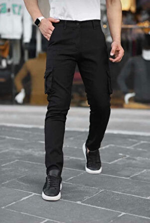 Erkek Körüklü Cep Ve Paça Ribana Detaylı Siyah Keten Kargo Pantolon