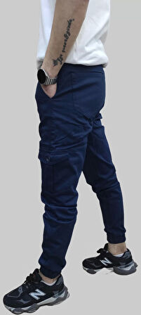 Erkek Jogger Beli ve Paçası Lastikli Keten İndigo Kargo Pantolon