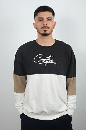 Erkek Sıfır Yaka Çizgili Sweatshirt Creattion Füme