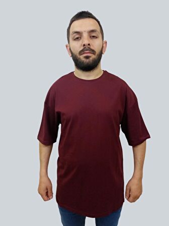 Erkek Plain Oversize Bisiklet Yaka Bordo Tişört