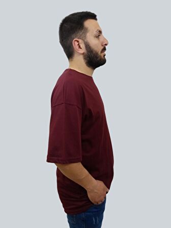 Erkek Plain Oversize Bisiklet Yaka Bordo Tişört