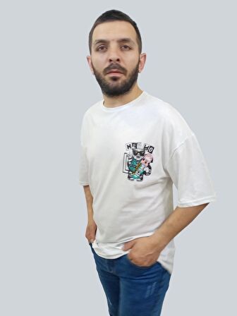 Erkek Hey Oversize Bisiklet Yaka Beyaz Tişört