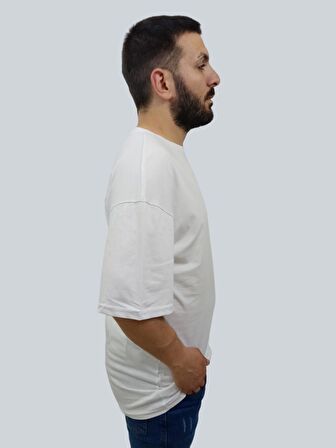 Erkek Hey Oversize Bisiklet Yaka Beyaz Tişört