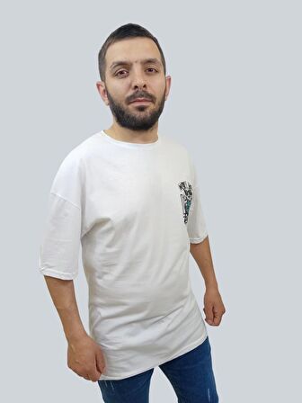 Erkek Hey Oversize Bisiklet Yaka Beyaz Tişört