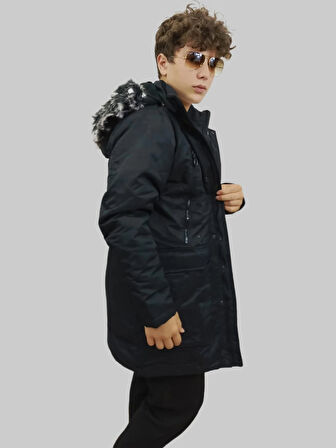 Erkek Kürklü Çıkma Kapüşonlu İçi Kürklü Kanvas Siyah Parka Kaban