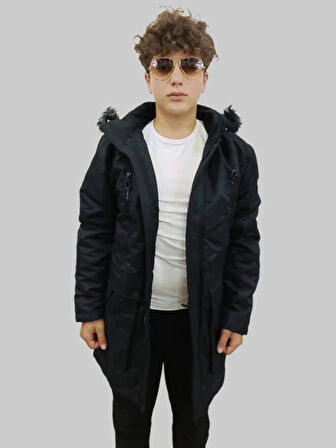 Erkek Kürklü Çıkma Kapüşonlu İçi Kürklü Kanvas Siyah Parka Kaban