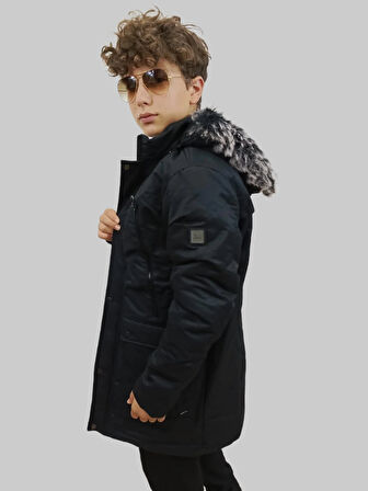 Erkek Kürklü Çıkma Kapüşonlu İçi Kürklü Kanvas Siyah Parka Kaban