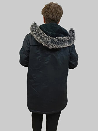 Erkek Kürklü Çıkma Kapüşonlu İçi Kürklü Kanvas Siyah Parka Kaban