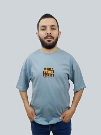 Erkek Respect Oversize Bisiklet Yaka Mavi Tişört