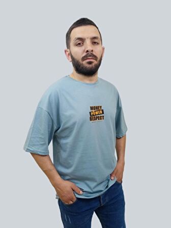 Erkek Respect Oversize Bisiklet Yaka Mavi Tişört