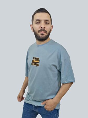 Erkek Respect Oversize Bisiklet Yaka Mavi Tişört