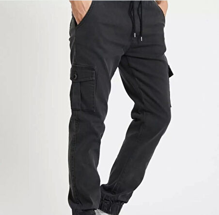 Erkek Jogger Beli ve Paçası Lastikli Keten Siyah Kargo Pantolon