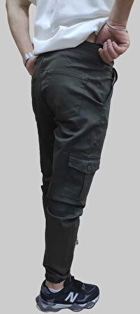 Erkek Jogger Beli ve Paçası Lastikli Keten Haki Kargo Pantolon