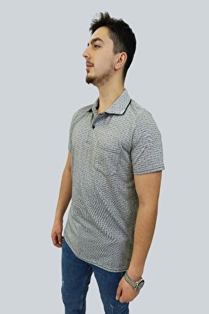 Erkek Striped Polo Yaka Gri Siyah Noktalı Tişört