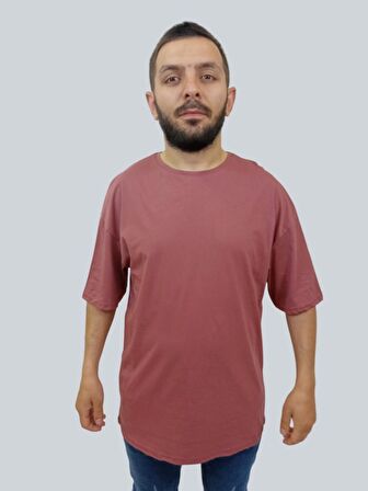 Erkek Plain Oversize Bisiklet Yaka Gül Kurusu Tişört