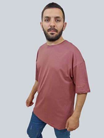 Erkek Plain Oversize Bisiklet Yaka Gül Kurusu Tişört