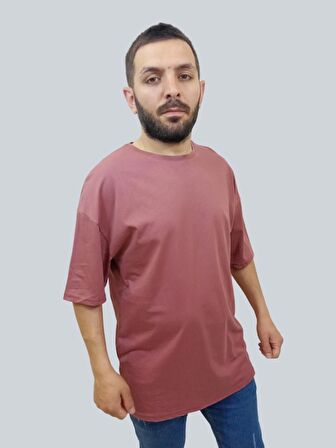 Erkek Plain Oversize Bisiklet Yaka Gül Kurusu Tişört