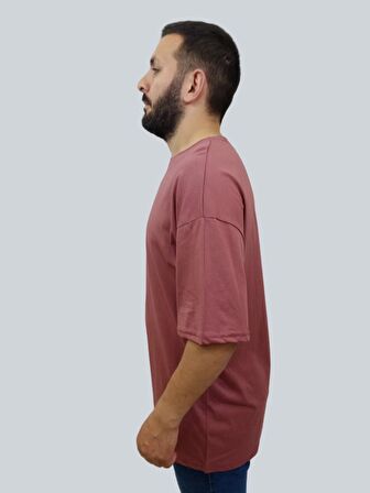 Erkek Plain Oversize Bisiklet Yaka Gül Kurusu Tişört