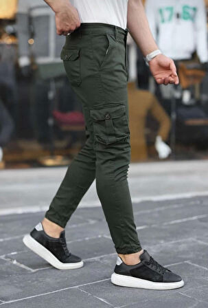 Erkek Körüklü Cep Ve Paça Ribana Detaylı Haki Keten Kargo Pantolon