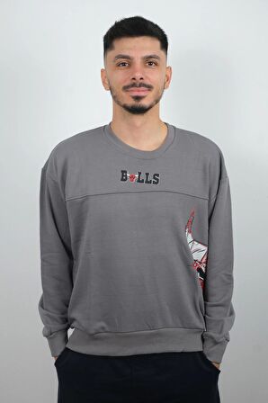 Erkek Sıfır Yaka Bulls Sweatshirt Gri