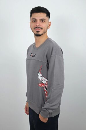 Erkek Sıfır Yaka Bulls Sweatshirt Gri