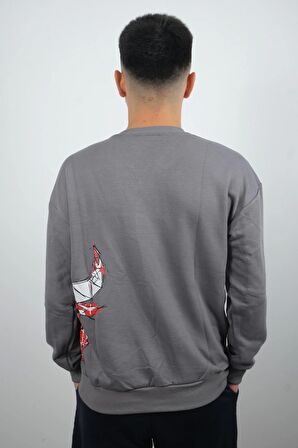 Erkek Sıfır Yaka Bulls Sweatshirt Gri