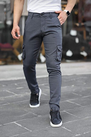 Erkek Körüklü Cep Ve Paça Ribana Detaylı Antrasit Keten Kargo Pantolon