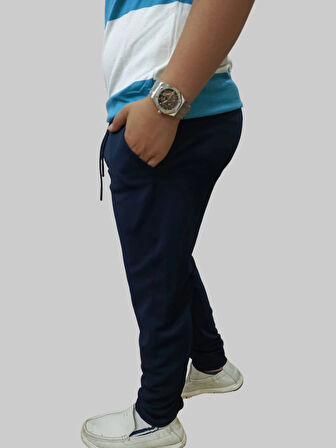 Erkek Beli Lastikli Bağcıklı Çakıl Taşlı Sahte Patlı Lacivert Jogger Pantolon