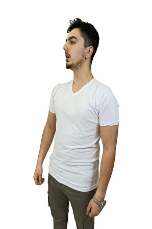 Erkek V Yaka Basic Düz Beyaz Tişört