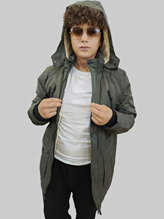 Erkek Çıkma Kapüşonlu İçi Kürklü Kanvas Haki Parka Kaban