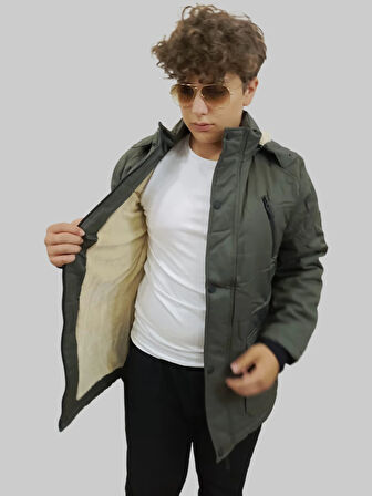 Erkek Çıkma Kapüşonlu İçi Kürklü Kanvas Haki Parka Kaban