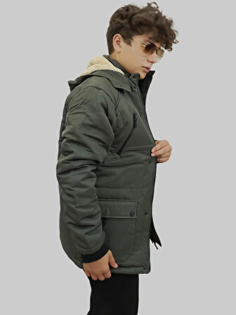 Erkek Çıkma Kapüşonlu İçi Kürklü Kanvas Haki Parka Kaban