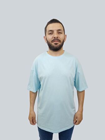 Erkek Plain Oversize Bisiklet Yaka Buz Mavi Tişört