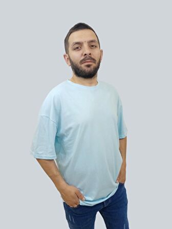 Erkek Plain Oversize Bisiklet Yaka Buz Mavi Tişört