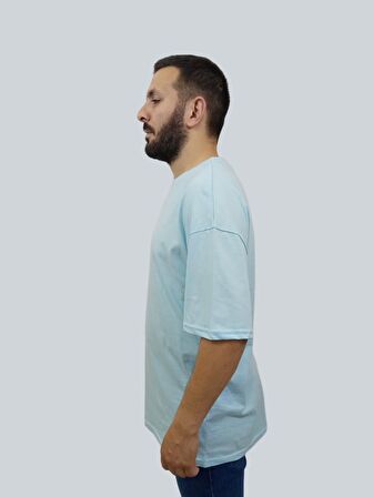 Erkek Plain Oversize Bisiklet Yaka Buz Mavi Tişört