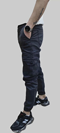 Erkek Jogger Beli ve Paçası Lastikli Keten Antrasit Kargo Pantolon