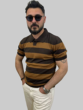Erkek Parçalı Slim Fit Polo Yaka Kahverengi-Hardal Triko Tişört