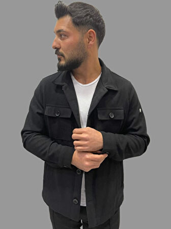 Erkek Kaşe Mevsimlik Cep Detaylı Gömlek Modeli Siyah Ceket