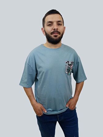 Erkek Hey Oversize Bisiklet Yaka Gök Mavisi Tişört