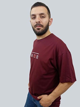 Erkek Lost Oversize Bisiklet Yaka Bordo Tişört