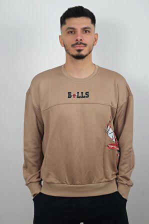 Erkek Sıfır Yaka Bulls Sweatshirt Kahverengi