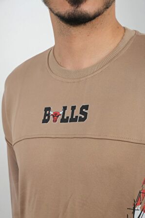 Erkek Sıfır Yaka Bulls Sweatshirt Kahverengi