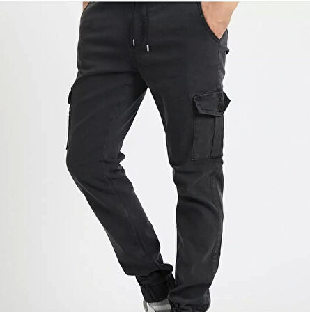 Erkek Jogger Beli ve Paçası Lastikli Keten Siyah Kargo Pantolon