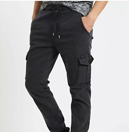 Erkek Jogger Beli ve Paçası Lastikli Keten Siyah Kargo Pantolon