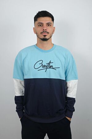 Erkek Sıfır Yaka Çizgili Sweatshirt Creattion Turkuaz